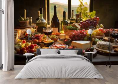 A Rustic Table Spread Featuring an Array of Artisan Breads, Cheese, Fresh Fruits and Wine Wall mural