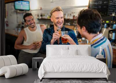 LGBTQ Friends sit at a bar with beer and champagne Wall mural