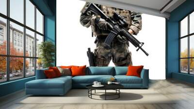 Modern soldier standing at ease with assault rifle, wearing camouflage and combat gear, isolated on a transparent background. Generative AI Wall mural