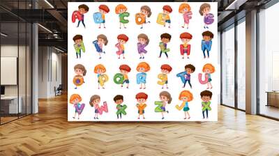 Children holding colourful english alphabet on white background Wall mural