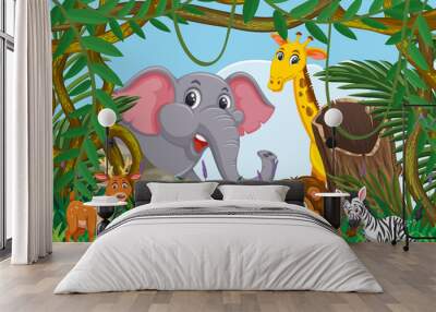 Cute animals in jungle scene Wall mural