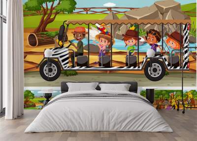 Different safari scenes with animals and kids cartoon character Wall mural