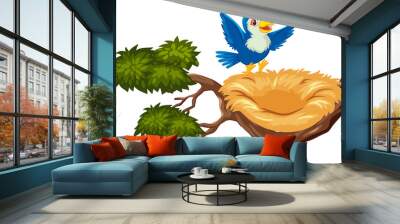 Happy blue bird flying to empty nest Wall mural