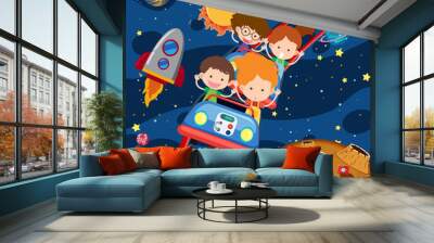 Kids riding roller coaster in space Wall mural