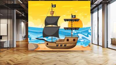 Ocean with Pirate ship at sunset time scene in cartoon style Wall mural