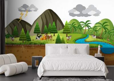 Scene of a beautiful landscape with cows Wall mural