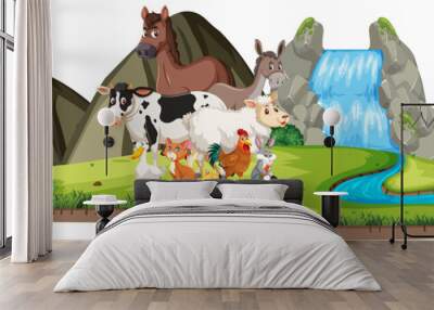 Scene with many wild animals by the waterfall on white background Wall mural