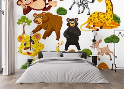 Seamless pattern with cute wild animals cartoon character Wall mural