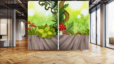 Two background scenes with woodend board and garden Wall mural