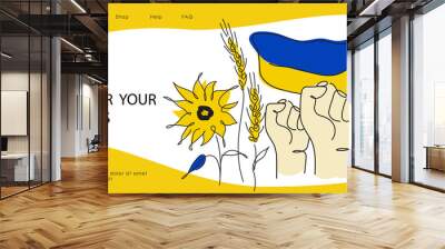 Landing page with hands, fist and Ukraine traditional flower, wheat, sunflower. Vector illustration global politics, NO WAR in Ukraine, aggression problem picture in continuous line art style Wall mural