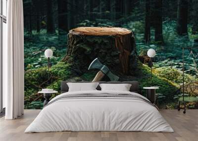  tree stump with axe, green forest Wall mural