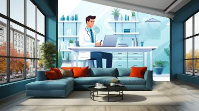 2D vector style illustration of a medical doctor (male) sitting at his desk in his office working on his laptop Wall mural