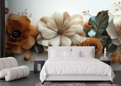 3D floral design, with autumn brown, soft cream, light orange, green, and dark brown color flowers, Wall mural