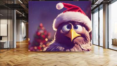 3D Rendered eagle wearing a Santa hat for the 2022 Christmas holiday season. Traditional Santa red and white hat with modern kid-friendly animation style. Bright and colorful seasonal 2022 special ed Wall mural