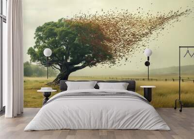 A tree as its leaves transform into a flock of birds, symbolizing change and the cyclic nature of life against a serene pastoral backdrop. Wall mural