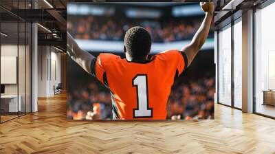 african american fan cheering in stadium, blank bright orange football jersey, black trim, white number 