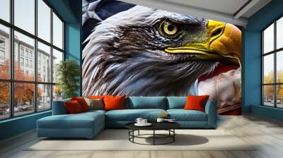 American bald eagle on flowing american flag with stars and stripes for patriotic banner Wall mural