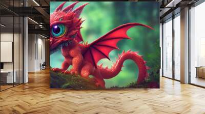 An adorable 3D rendered dragon - this kawaii chibi fantasy reptile is kid-friendly and cute Wall mural