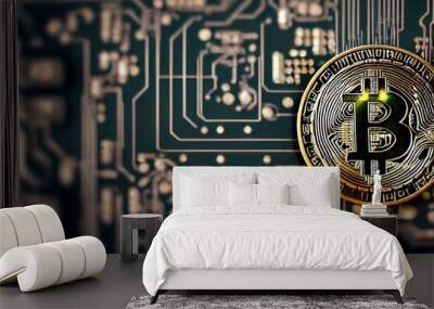 Bitcoin cryptocurrency digital art featuring Bitcoin and gold circuitry.  Wall mural