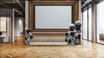 blank canvas with a baroque frame in a gallery, a crowd of AI robots is looking at the canvas in awe Wall mural