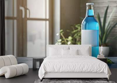 blue juice bottle, blank white label, in contemporary home Wall mural