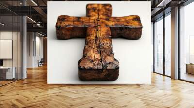 A clean surface wooden cross of clean surface stands upright against white background Wall mural