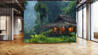 A rustic hut nestled deep in a lush jungle Wall mural