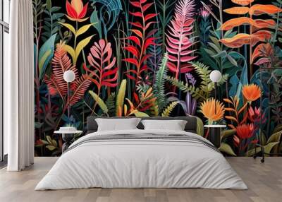 A stylized illustration of forest plants, rendered in the rich and vibrant medium of gouache paint Wall mural