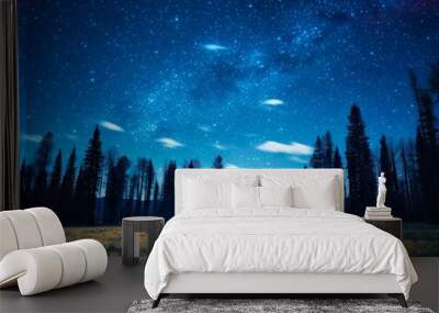 Blue dark night sky with many stars over a field of trees with Milky Way Cosmos in the background Wall mural