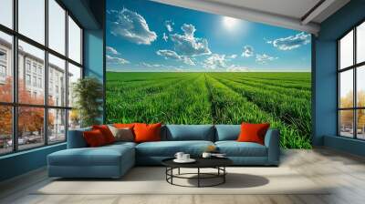 Green field under a vast blue sky on summer sunny day Wall mural