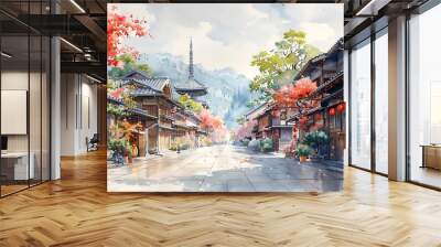 Kyoto streets with windows and houses and flowers in watercolor style Wall mural