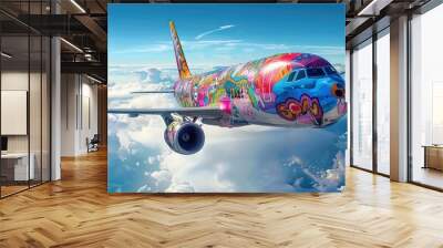 commercial jet flying through the air covered in colorful graffiti murals Wall mural