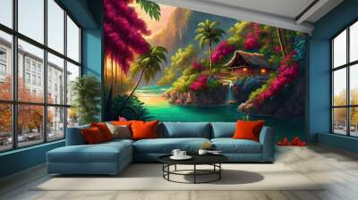 Computer-generated image of an idyllic tropical Hawaiian paradise. Gorgeous landscape digital oil painting with bright and colorful flora and crystal blue ocean water Wall mural