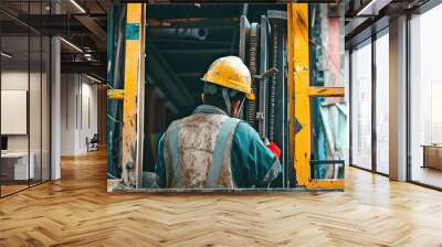 Construction concept with heavy forklift and worker in safety gear Wall mural