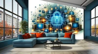 cybersecurity image with digital computer technology and locks to signify encryption and antimalware Wall mural