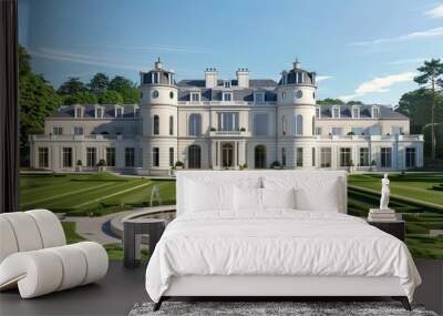 detailed landscape view of white modern castle mansion with top pointed towers Wall mural