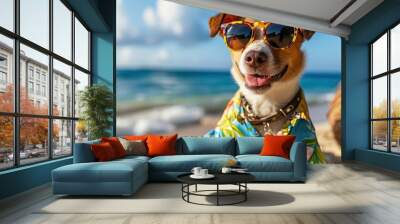 Dog wearing Hawaiian shirt and sunglasses enjoying a tropical cocktail on the beach during spring break and summer vacation Wall mural