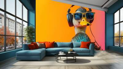 duck wearing sunglasses and headphones on colorful background for summer music and podcasting concept Wall mural