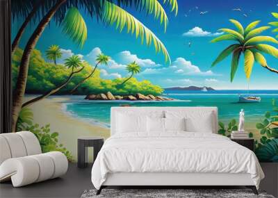 Exotic tropical beach for summer vacation. Desert island - desolate beach by generative AI Wall mural