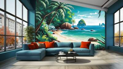 Exotic tropical beach for summer vacation. Desert island - desolate beach by generative AI Wall mural