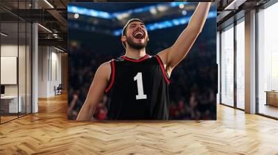 fan cheering in basketball stadium, blank black basketball jersey, red trim, white number 