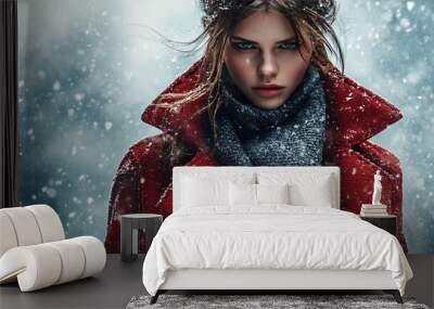 fashionable model wearing stylish clothing winter snow background  Wall mural