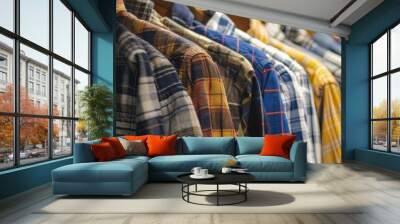 flannel shirts hanging on clothing rack in modern clothing store Wall mural