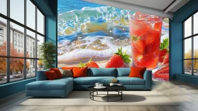 fruity summer cocktail - strawberry daiquiri on the rocks on the beach Wall mural