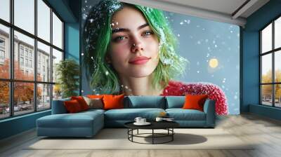 Gen Z woman with green hair, Christmas winter, solid background Wall mural