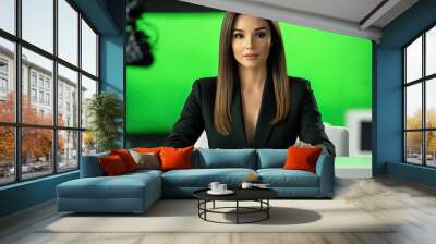 Green Screen Background film still promotion Photography, beautiful female news anchor, TV announcer, Wall mural