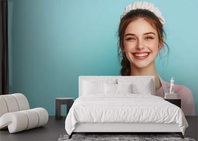 happy female maid, solid background,  Wall mural