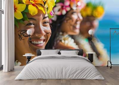 Hawaiian luau concept with hula dancers wearing floral leis Wall mural