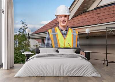 Home inspector standing on a ladder and providing an inspection to the roof of a house. Wall mural