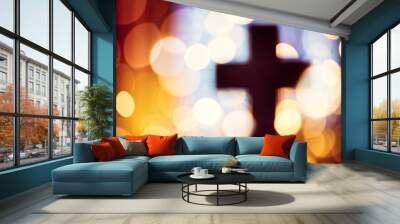 Abstract cross silhouette in church interior against stained glass window concept for religion and  prayer Wall mural